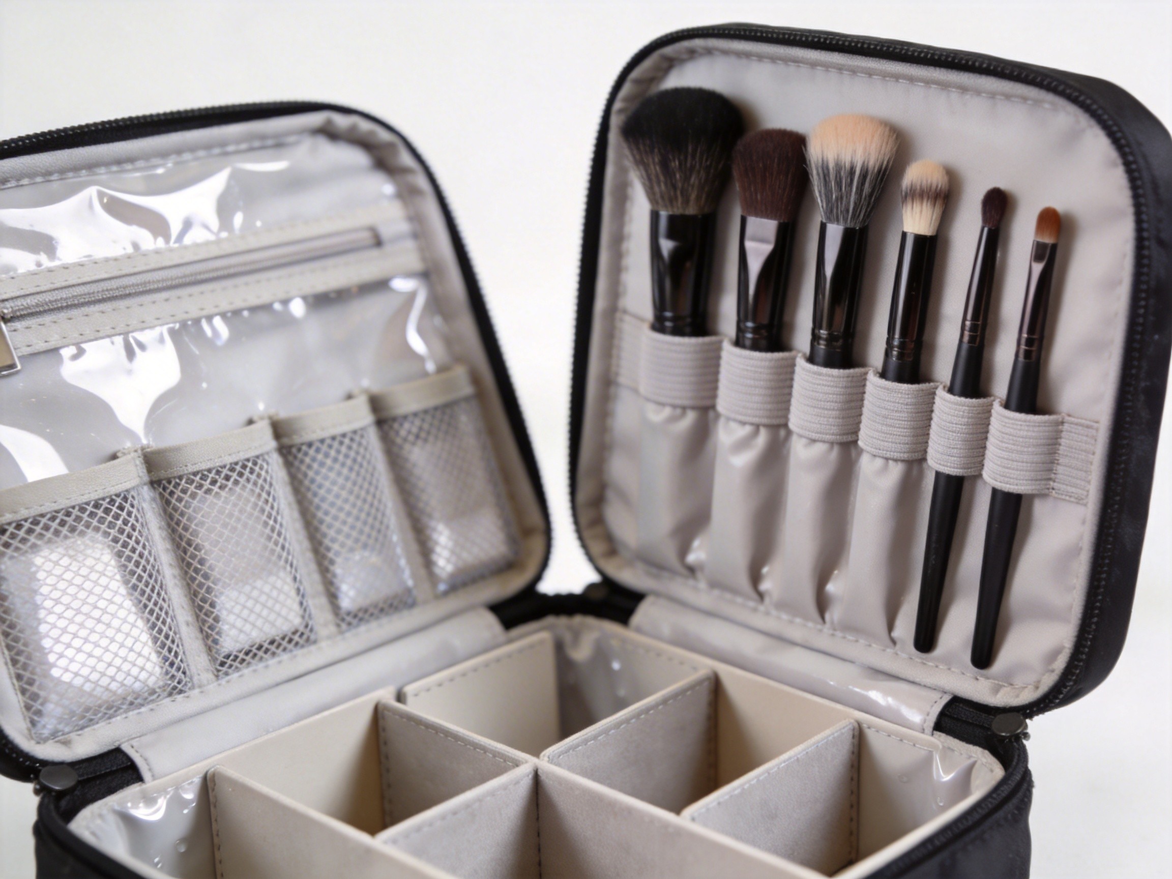 Close-up view of professional makeup bag interior showing elastic brush loops mesh pockets removable dividers and waterproof lining for organized cosmetic storage