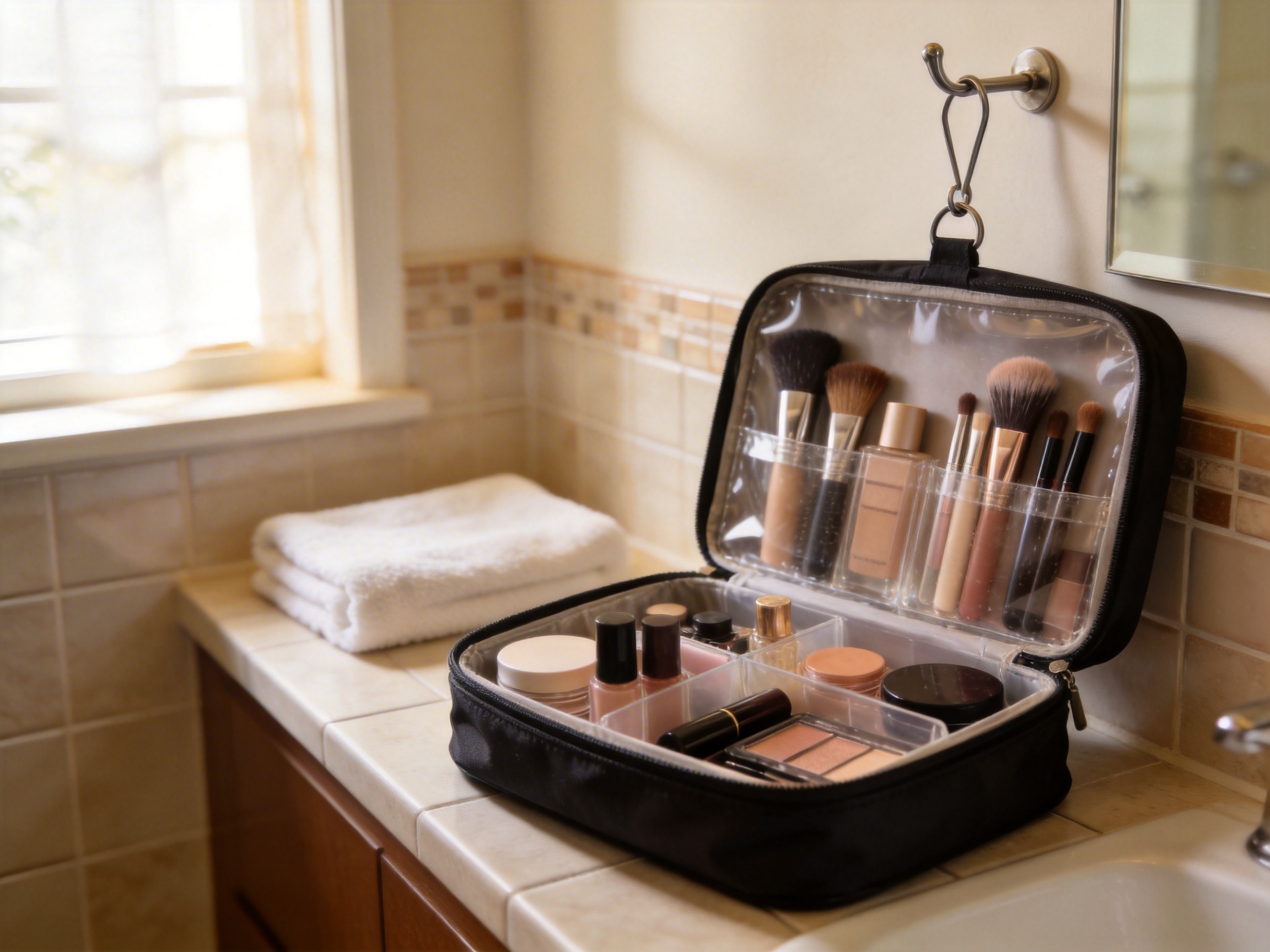 Travel makeup bag opened on hotel bathroom counter with neatly organized cosmetics brushes and skincare products visible in clear compartments